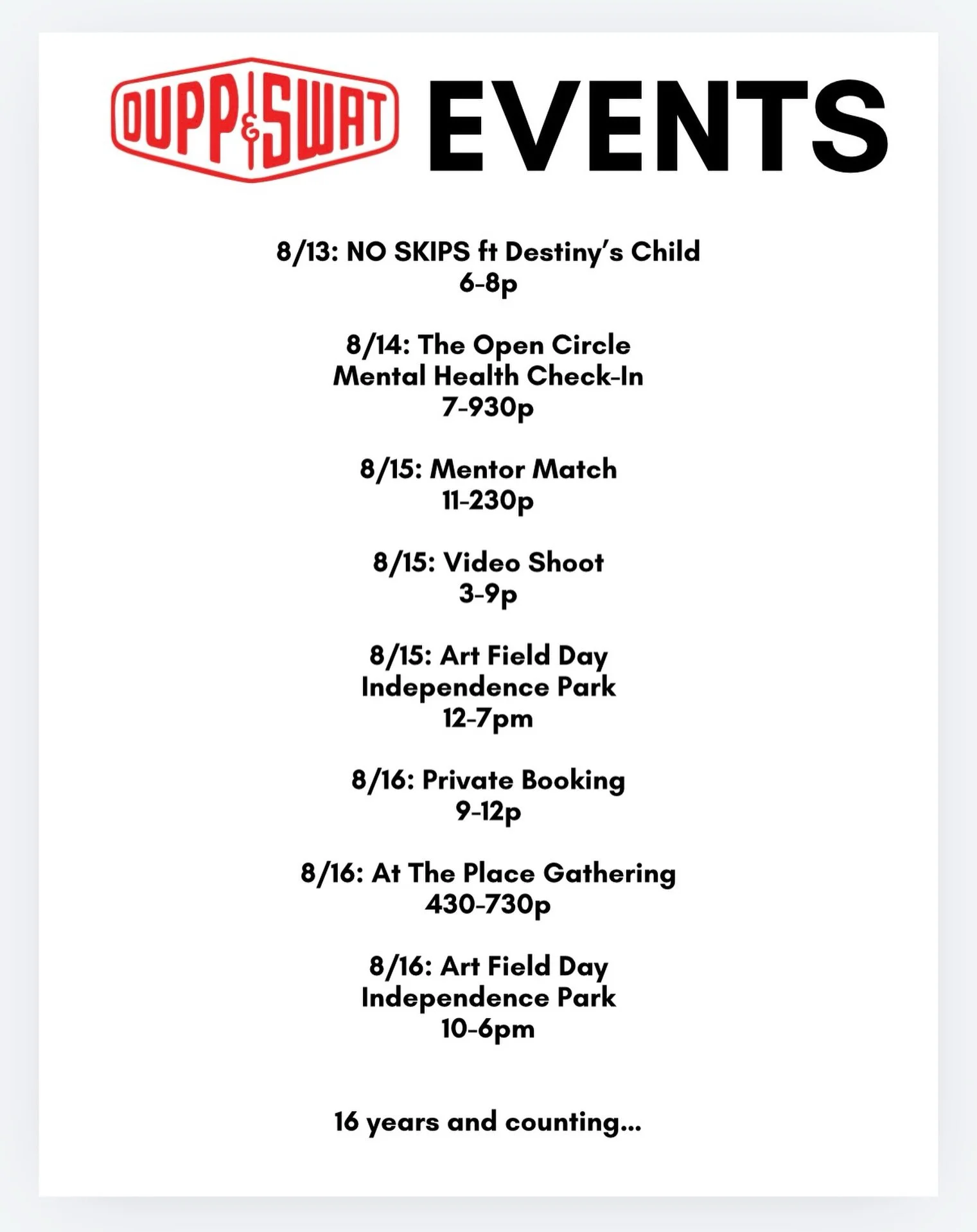 what&rsquo;s up #charlotte!! looking for something to do? SAY LESS! 

- 8/13: no skips was a hit! catch the next by checking out @noskipscollective 
- 8/14: how&rsquo;s your mental? check-in with @theopencircle__ this evening
- 8/15: starting with a 