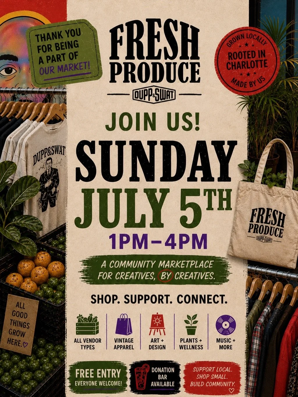 heeeeey #charlotte!!

- on sunday, JULY 5th, JOIN US for our FIRST SUNDAY VENDOR&rsquo;S MARKET!! with 8 local vendors present, you can shop and explore everything for your person and home! 

- as promised, we&rsquo;re offering skate-related workshop