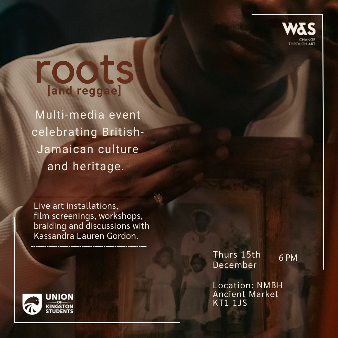 Roots and Reggae - Artist Takeover: a multi-media event celebrating British Jamaican culture and exploring reconnecting with your heritage as an adult. Including: Live installation, film screening, ring making workshop and discussions. Thurs 15th Dec