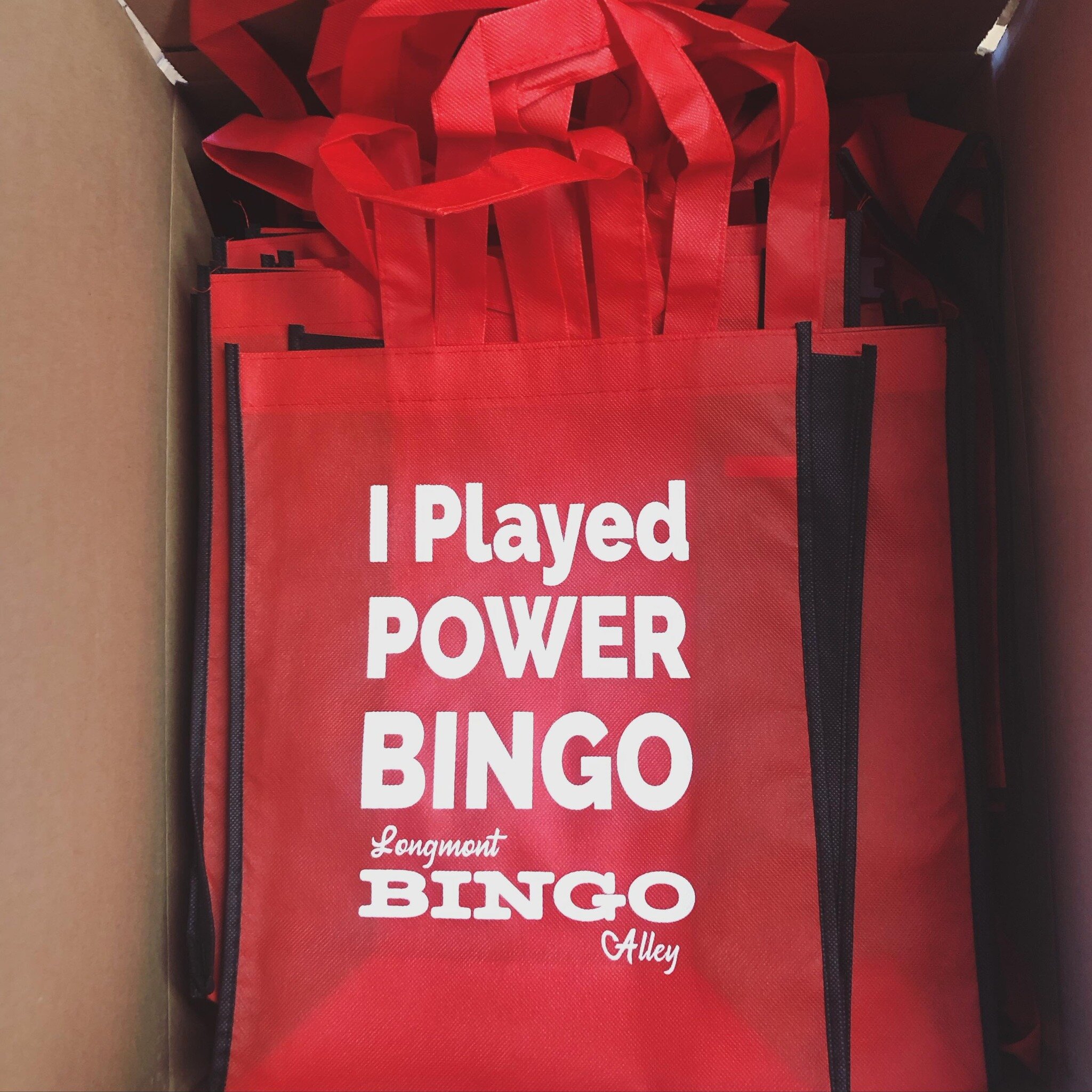 Everybody&rsquo;s gonna be a winner with these swag bags 🏆 Next level bingo merch filling these reusable totes 🙌
FYI, tomorrow&rsquo;s event sold out in 12 hours, follow @longmont_bingo_alley 
to find out when the next event is 🍀#longmontbingoalle