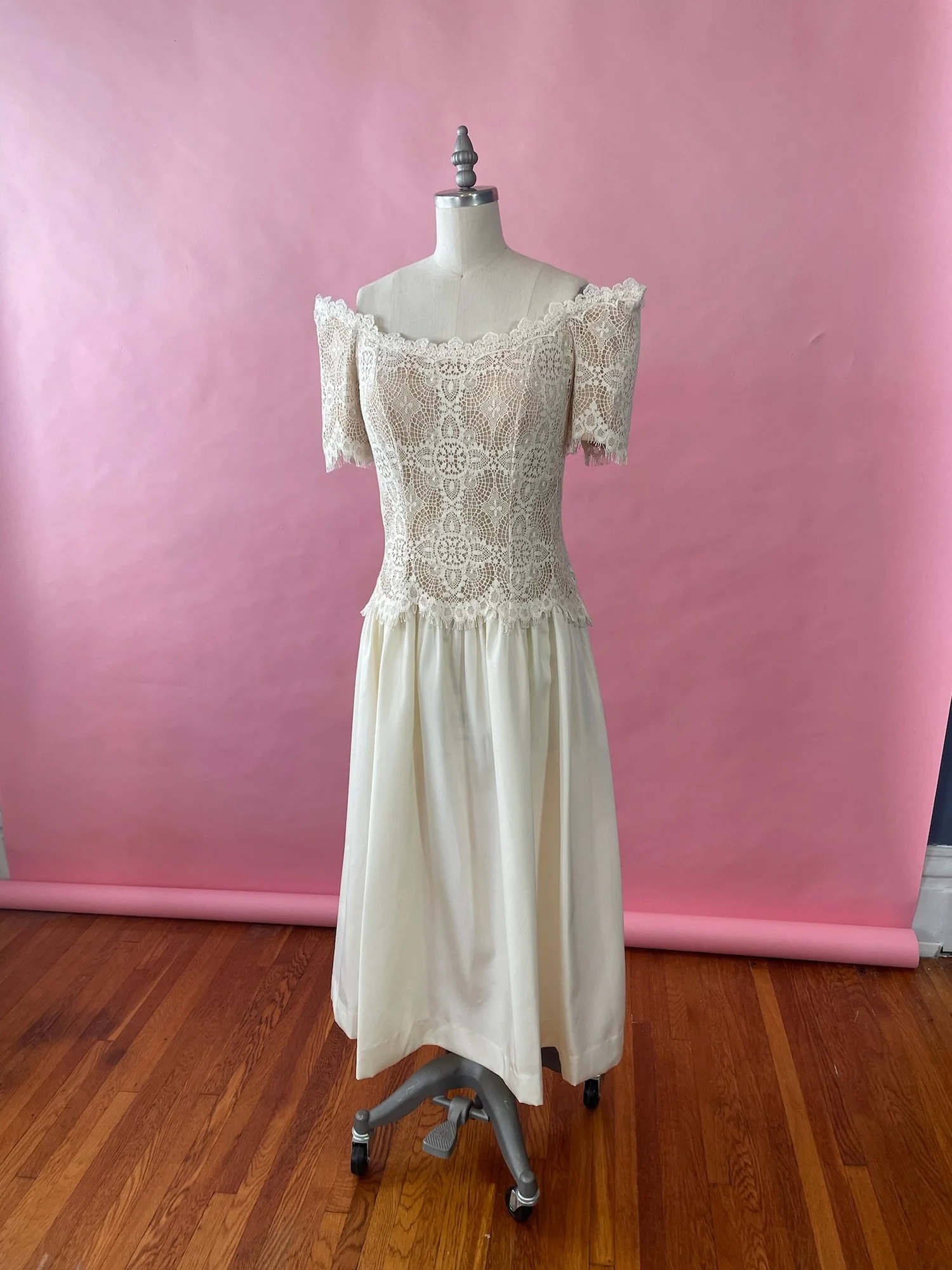 Ivory Raw Silk Tea Length Wedding Dress with Off the Shoulder Lace Overlay  Bodice  Saint Strange