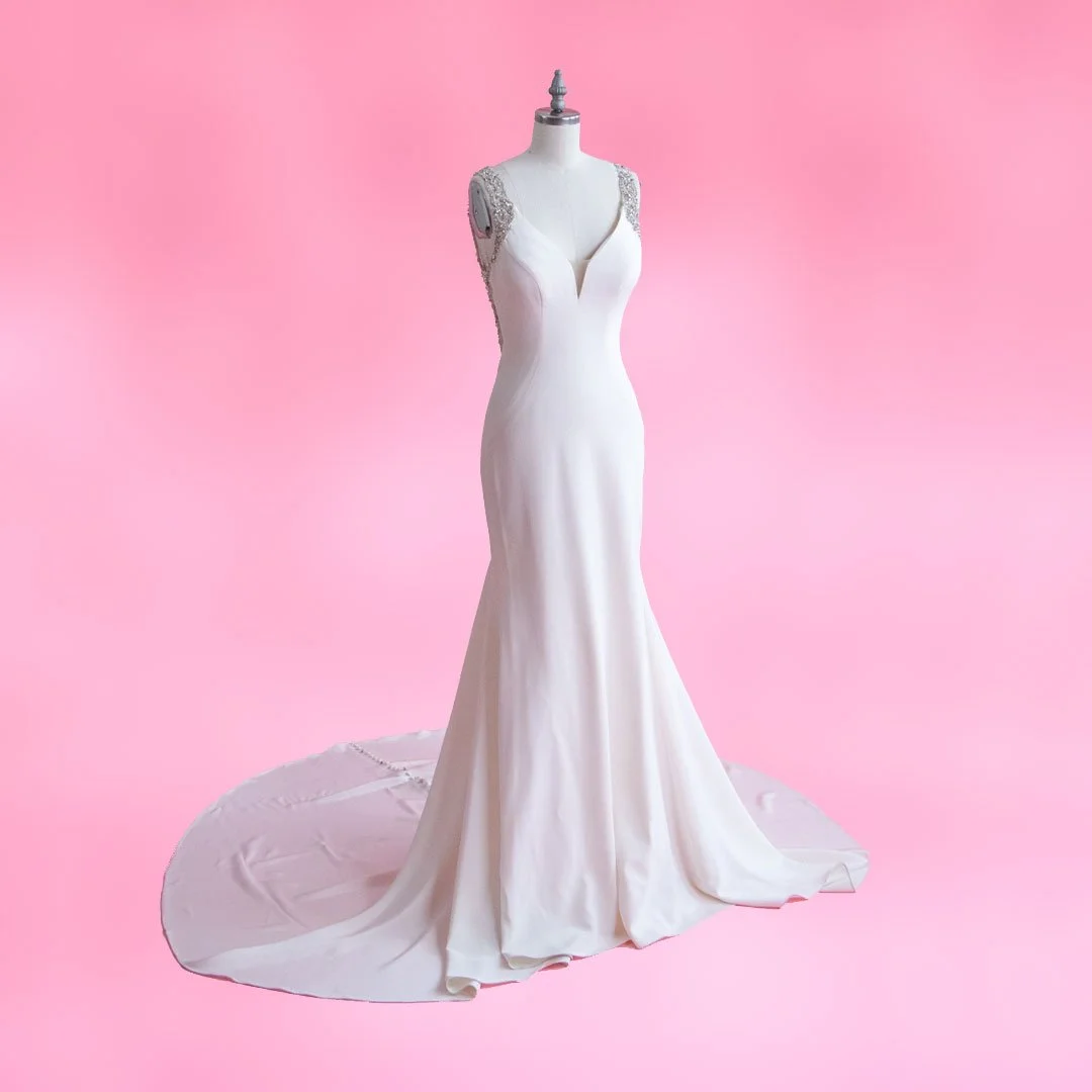 1920's Inspired Beaded Glam Drop Back White Wedding Dress with Button  Detail on a Cathedral Train  Saint Strange
