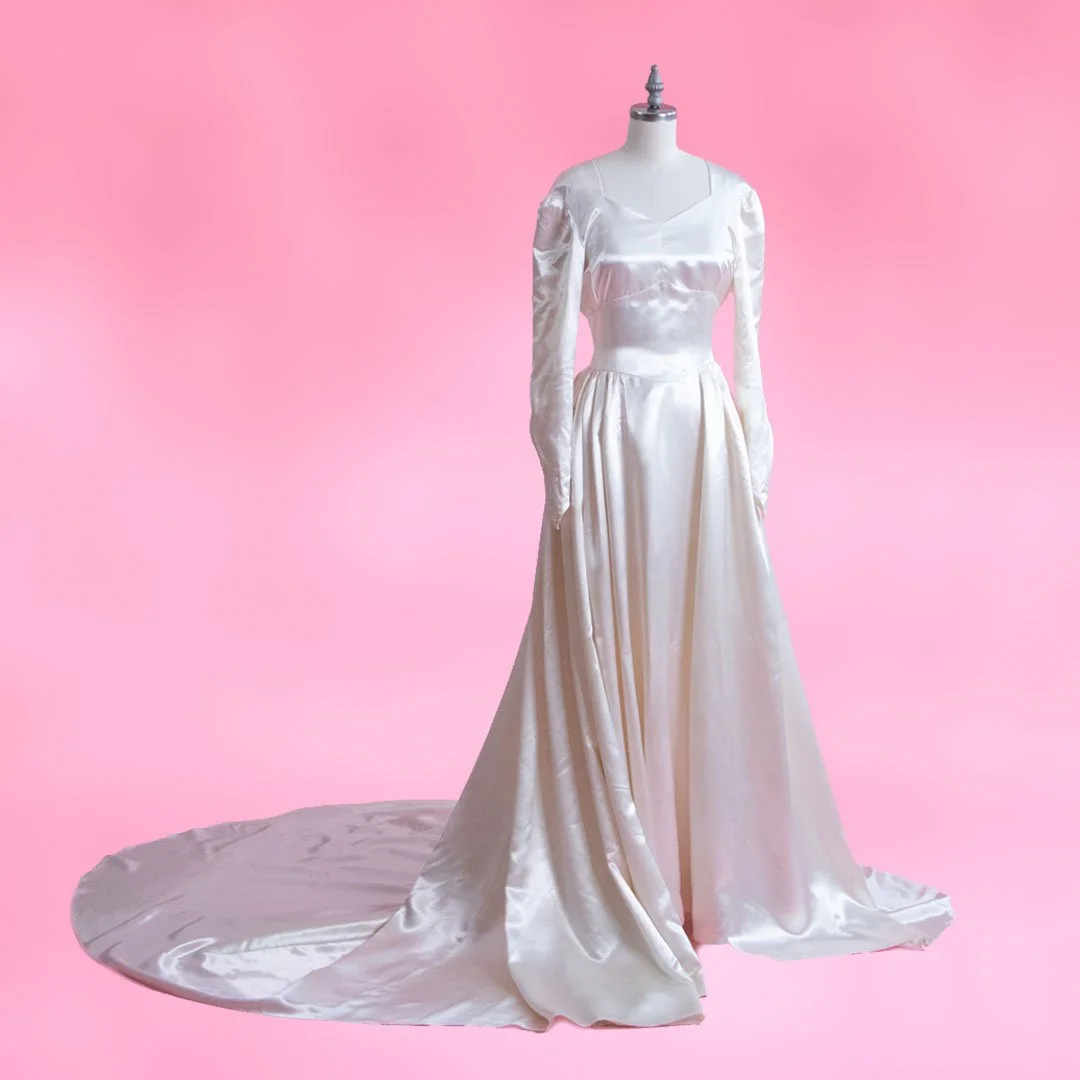 Handmade Ivory Vintage Satin Wedding Dress with Cathedral Train  Saint  Strange