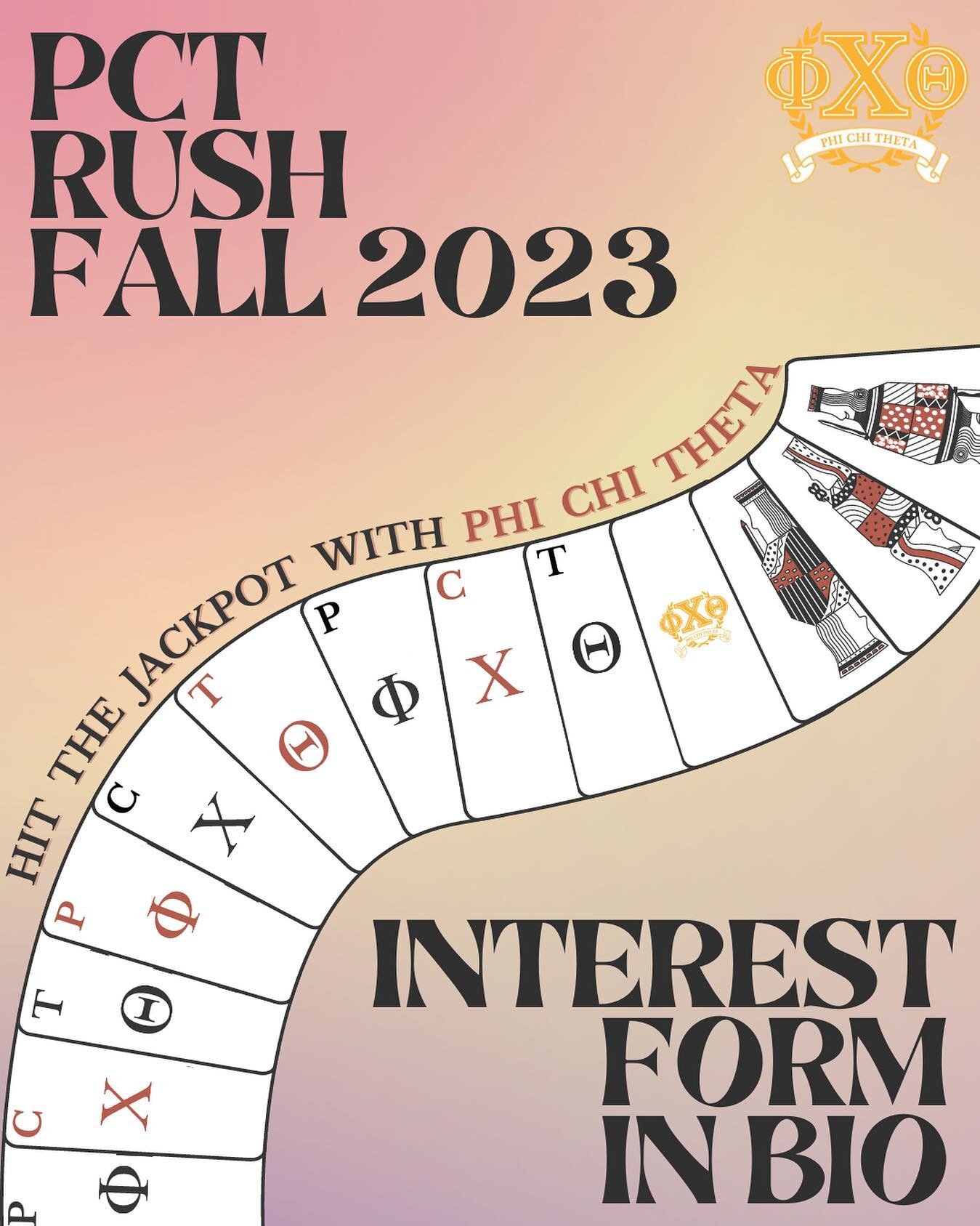 🎰 RUSH PHI CHI THETA FALL 2023 🎰 Win big with PCT this fall! Fill out the interest form in our bio and stay tuned for our rush schedule!