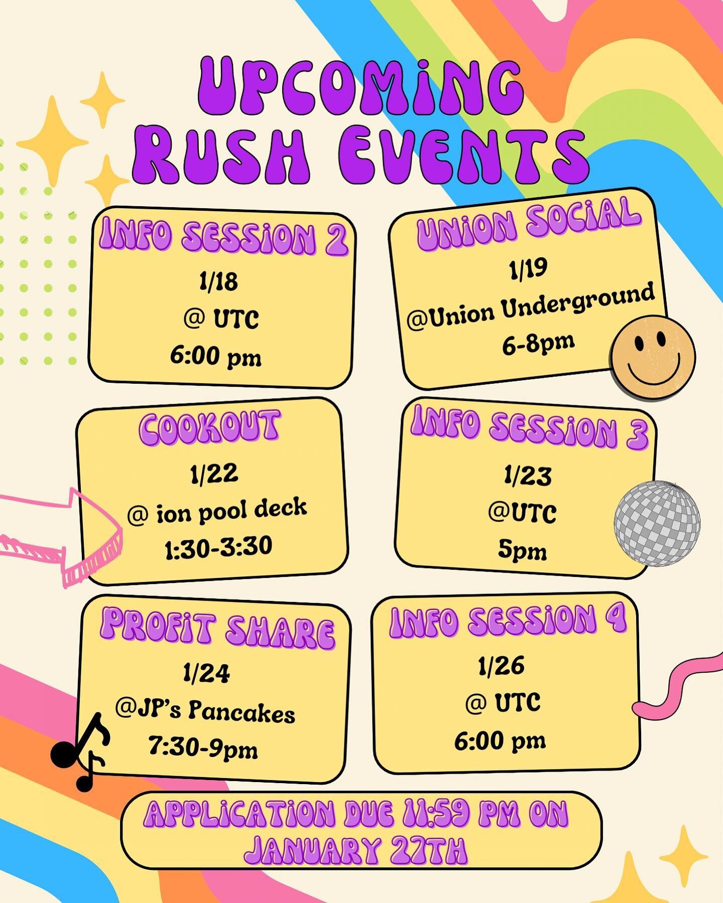 hey everyone! here&rsquo;s an updated calendar on the rush events! The room number for info sessions has not been confirmed, but we will keep you updated on location, and so make sure to join the GroupMe linked in the bio to stay in the loop:) ALSO, 