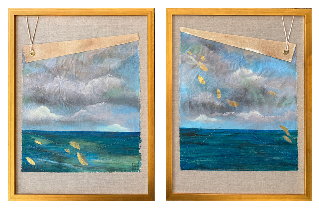 Mariner’s Dream - diptych (acrylic, gold leaf, brass grommets, 18”x 24” each) 