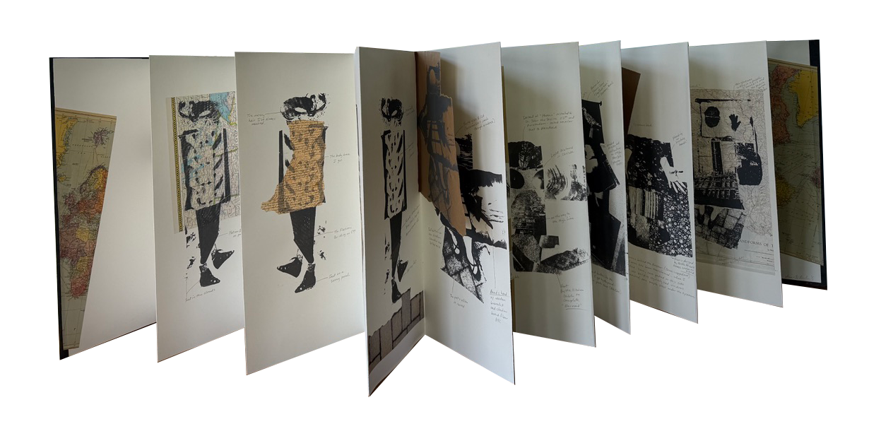 Looking Left and Right (silk screen and collage, 9" x 24" closed)