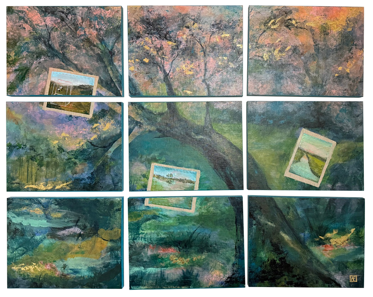 Forest Illuminated (acrylic, gold leaf, mixed media, 48”x 36”)