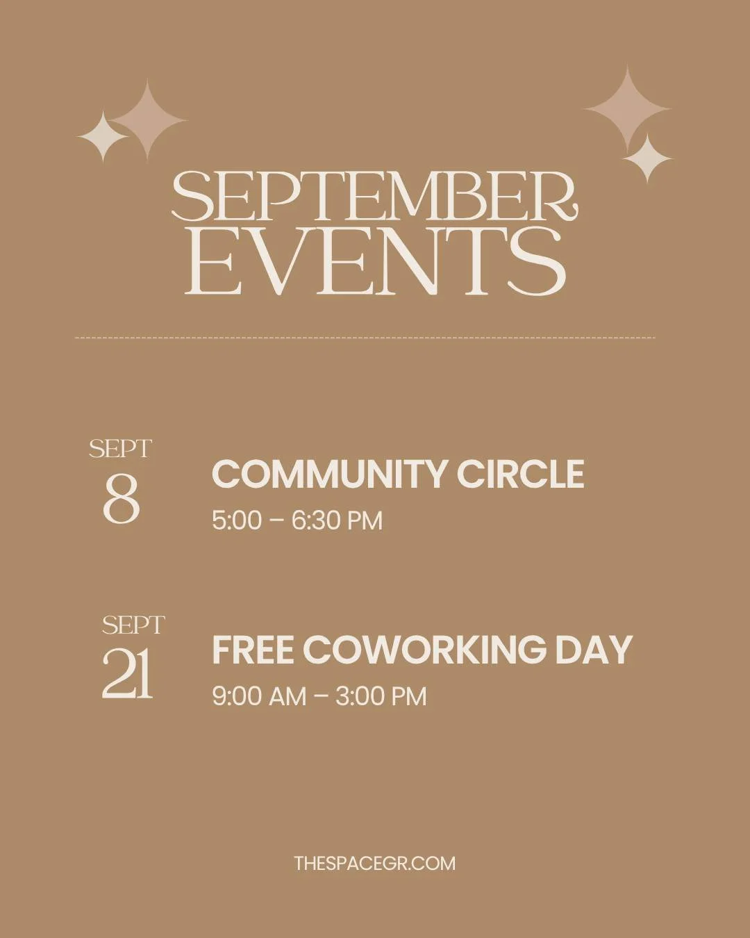 Imagine if September a little less exhausting&hellip;

We&rsquo;ve got two chances to get out of the house, be around some good humans, and spend a little time at The Space this month.

COMMUNITY CIRCLE
Tuesday, September 8 | 5&ndash;6:30 PM
An eveni