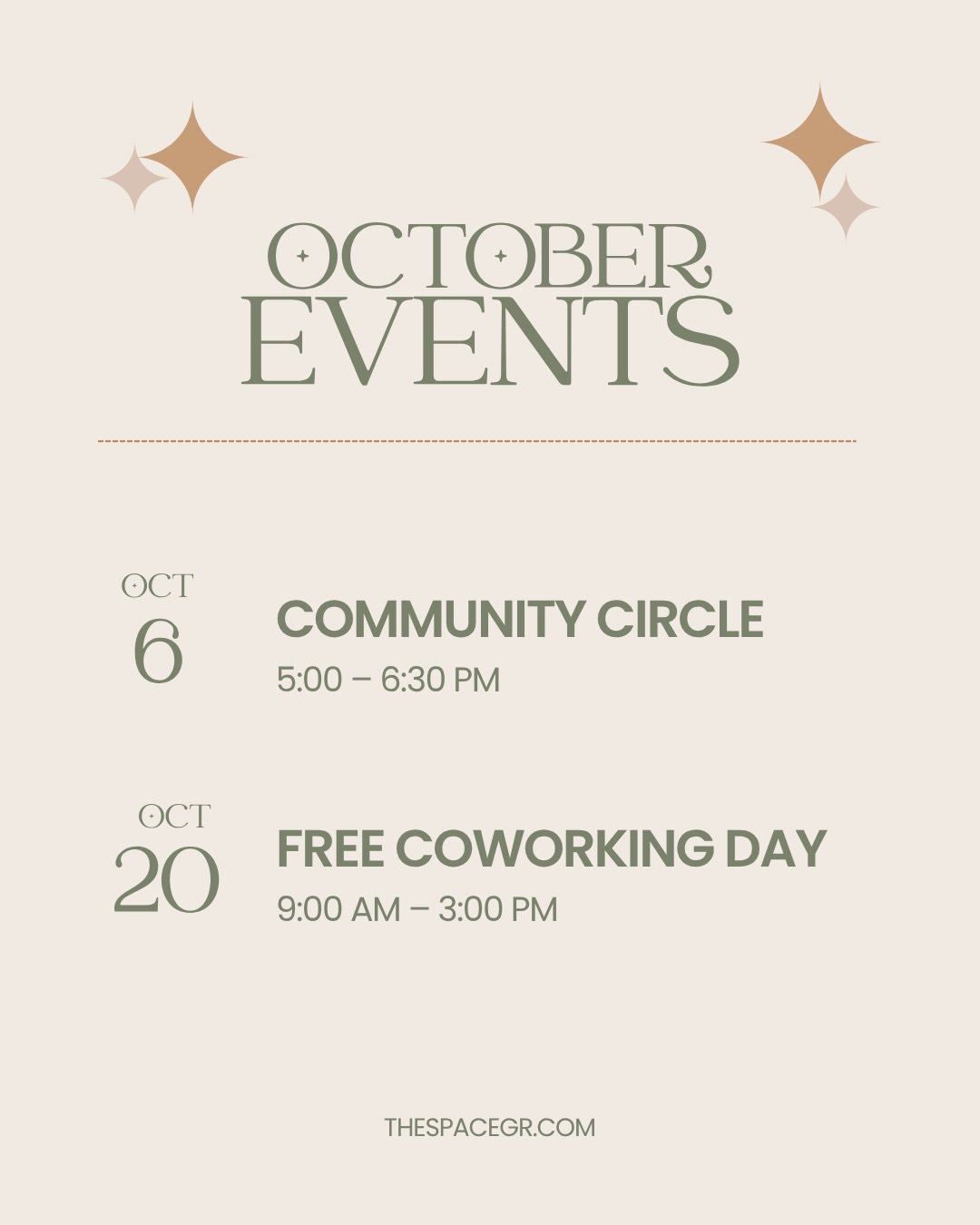 Your October calendar could probably use a little more of THIS 👀

We&rsquo;ve got two chances to get out of the house, spend some time with good humans, and give yourself a change of scenery this month.

COMMUNITY CIRCLE
Tuesday, October 6 | 5&ndash