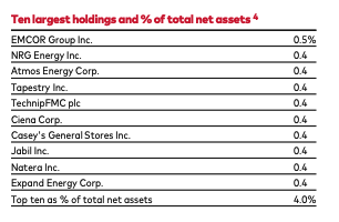 Table of VB's top 10 small-cap holdings by percentage of net assets, including EMCOR Group, NRG Energy, and Atmos Energy.