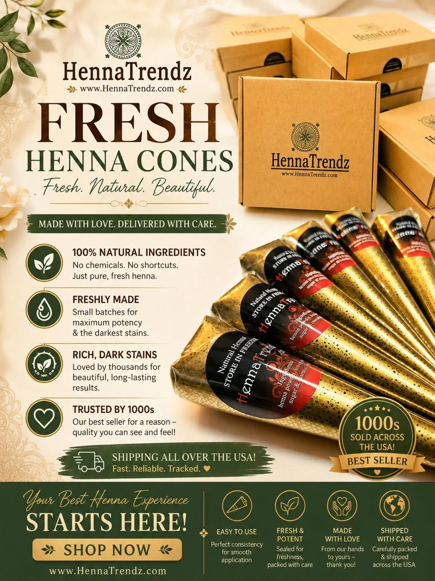 &nbsp;Fresh Henna. Dark Stains. Trusted by Thousands!

Stop settling for old, dry henna that gives disappointing results. At&nbsp;HennaTrendz, every cone is handcrafted in small batches using premium natural ingredients, so you receive the freshest h