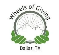 Logo of Wheels of Giving, featuring a bicycle wheel with city skyline and sun rays, flanked by green hands. Text: 'Wheels of Giving Dallas, TX.'