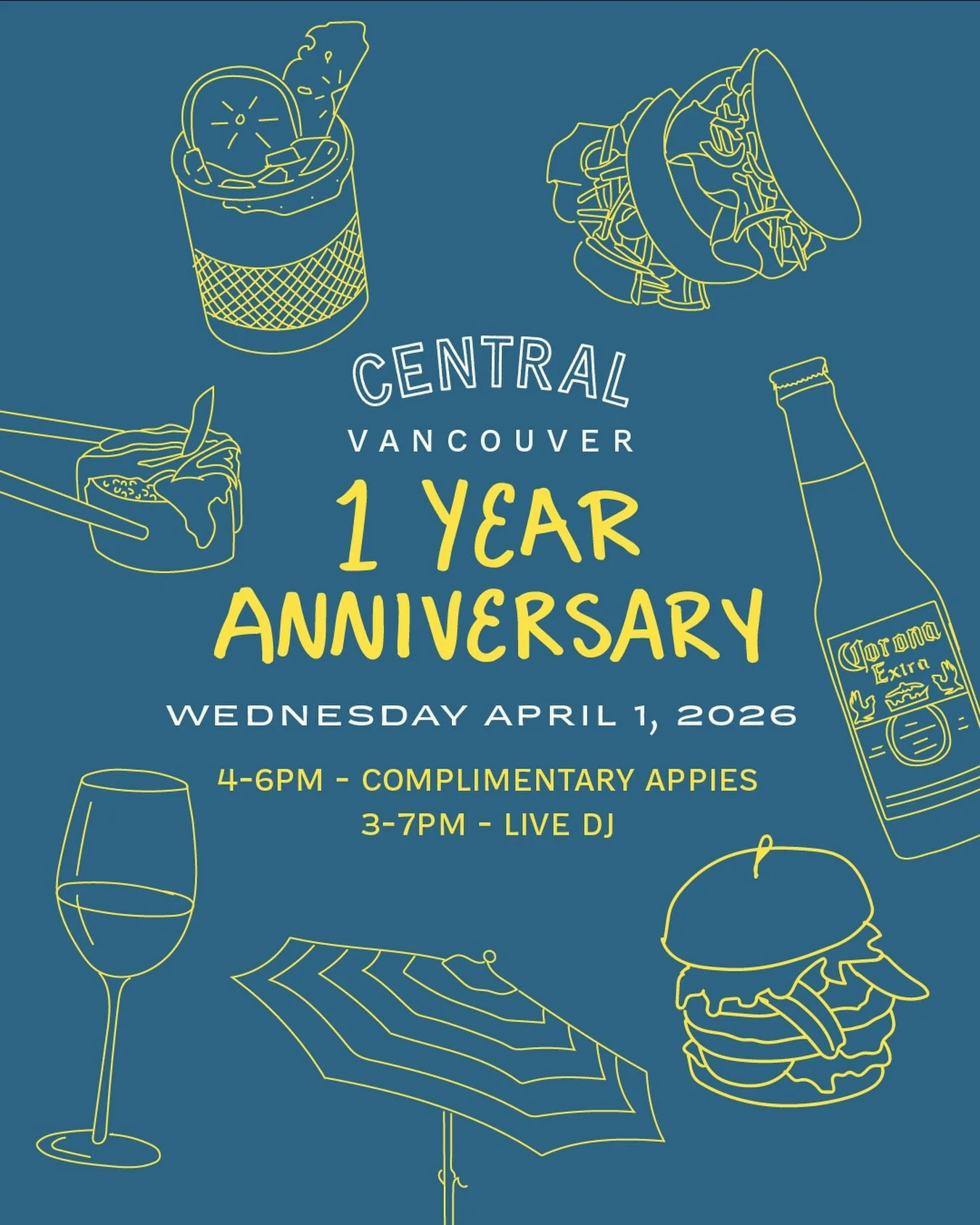 Celebrating 1 year at our Central Vancouver location 🎉

Join us Wednesday, April 1st for complimentary appies, and keep the energy going with a live DJ. 

We can&rsquo;t wait to celebrate with you!

#centralrestaurants #vancouverrestaurants #vancouv
