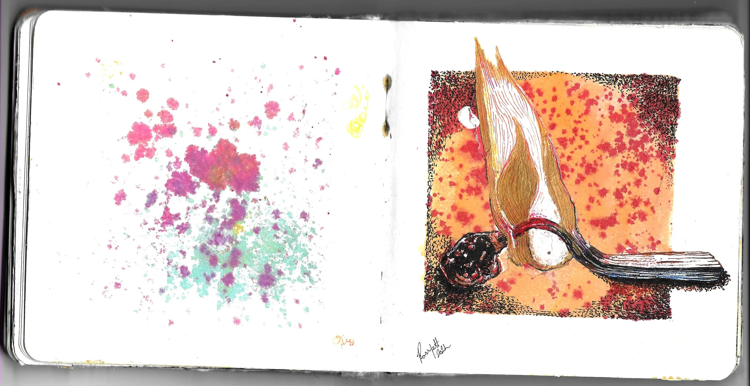 Water color pencil, micron, acrylic, gold ink