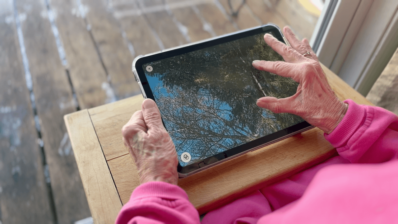 A woman in a pink sweatshirt sits by a window using Case for Vision Solaris to zoom in on tree branches outside. Her fingers pinch the tablet screen to enlarge the branches against the blue sky.