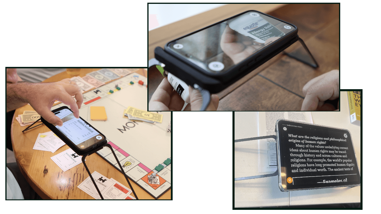 Collage of Case for Vision action shots; individual photos show MagSafe zooming in on Monopoly cards, magnifying the label on a medicine bottle, and Case for Vision iPad enlarging and inverting text on a worksheet.