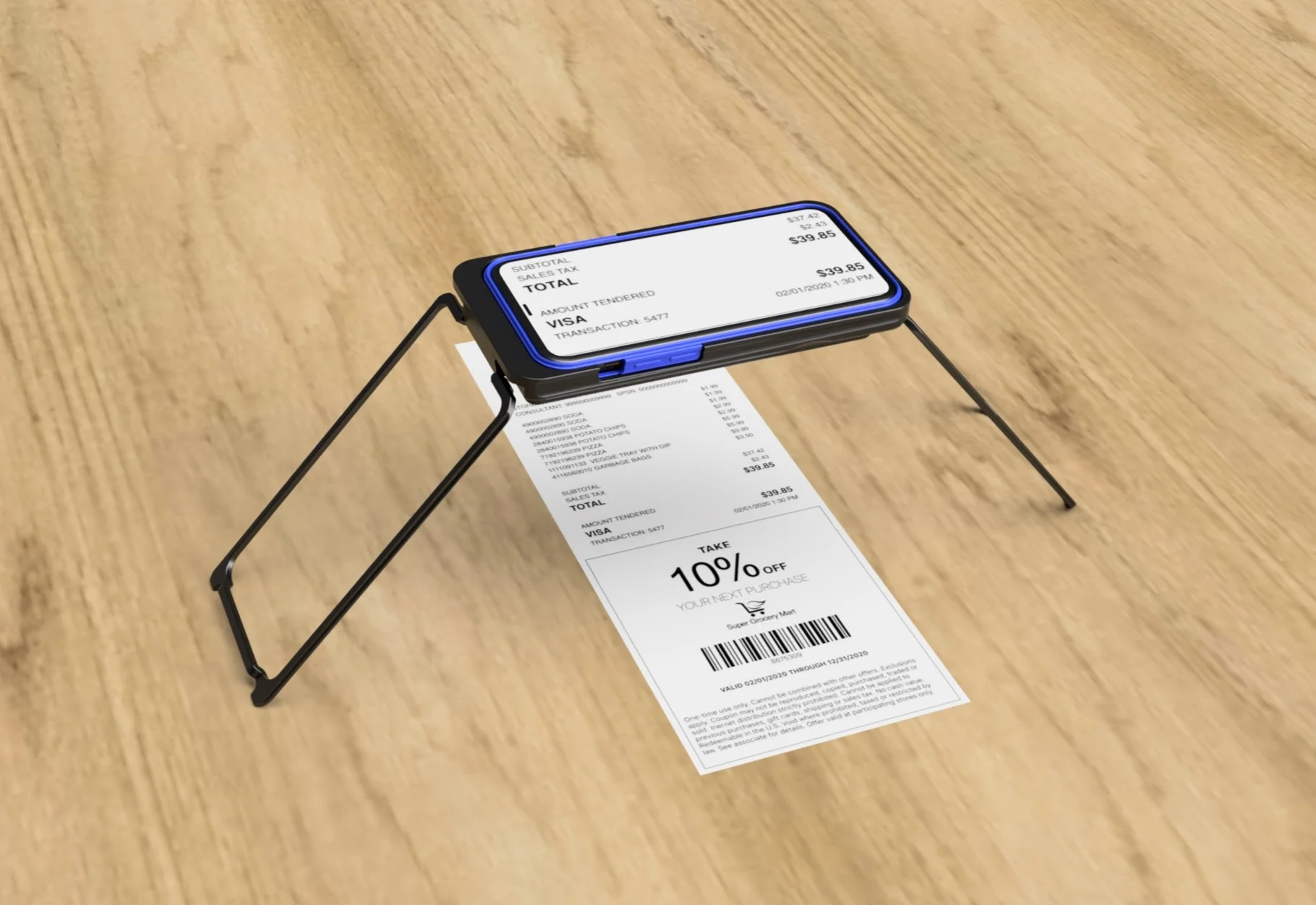iPhone in a Case for Vision stand magnifies a printed receipt on screen, showing high-contrast details like total and payment type.