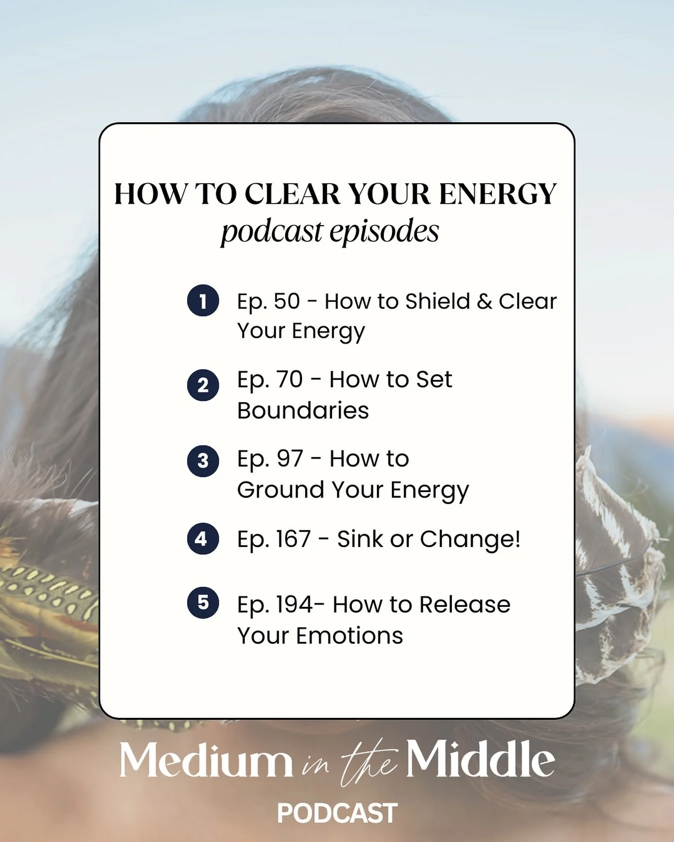 i get asked a lot for tips on how to clear your energy and how to set boundaries on how sensitive you are and how much you pick up ✨ 
.
📣 all the empaths, this one is for you! 
.
🎧 i have a lot of podcast episodes to help you learn how to clear you