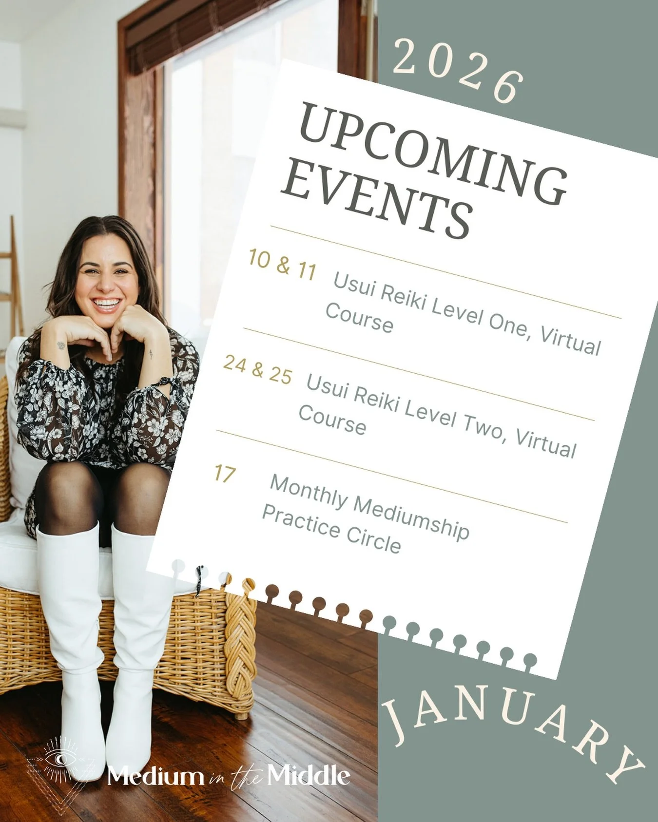 💫 SAVE THE DATE 💫 
.
january 2026 is right around the corner 👀 
and here is what is happening at MITM 🗓️ 
.
.
💛 virtual reiki level one course - jan 10 + 11 
start your new year ofd right with your reiki course! 
.
💛 virtual reiki level two cou