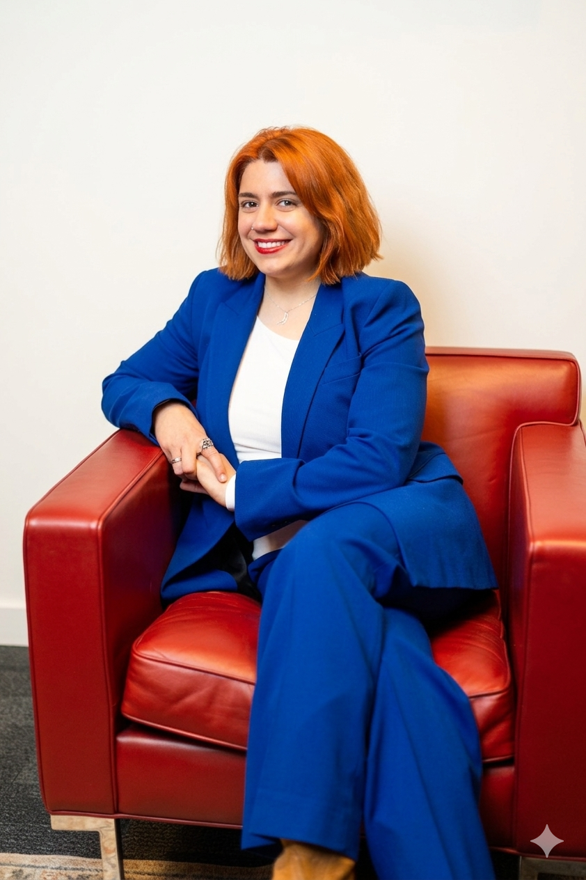 School wellbeing constulant in a blue suit sits on a red chair