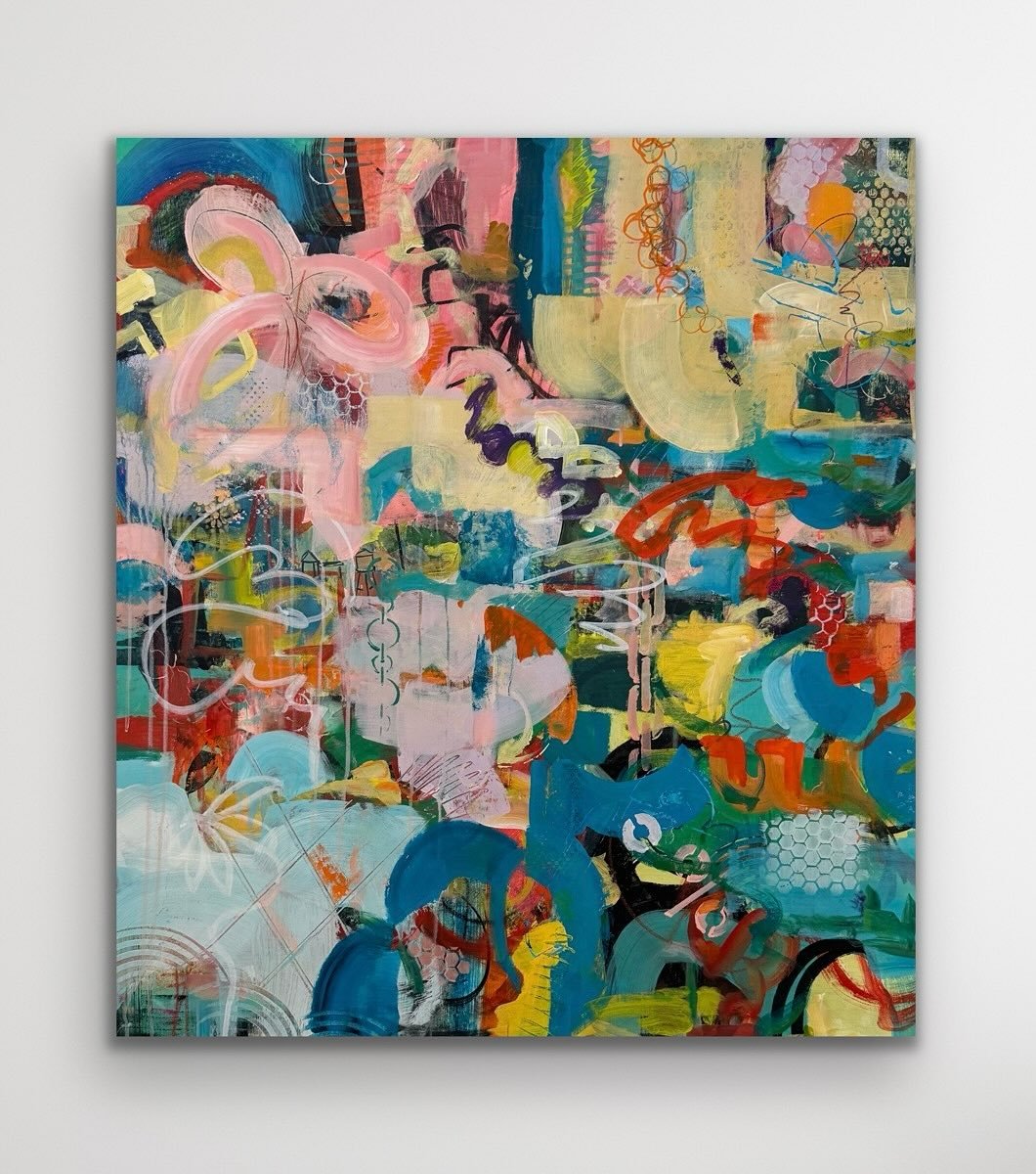 La Soir&eacute;e, 35 x 32, was created during my January residency @chateau_orquevaux in France. It&rsquo;s such a great reminder of the energy, creativity and joy that was shared by all. 

This painting is in my current show La Vie en Couleurs.
.
.
