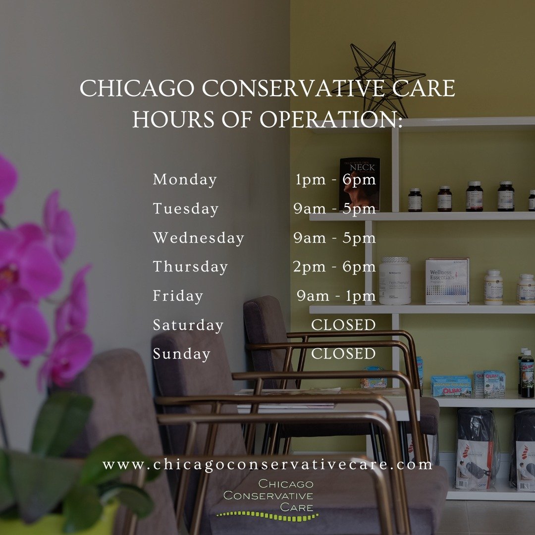 Just popping on to remind you of our hours as we get ready for summer to start! Come see us for all of your physical health care needs!

#chicagoconservativecare #chicagochiropractor #chiropracticcare #physicaltherapy #mckenziemethod #massagetherapy 