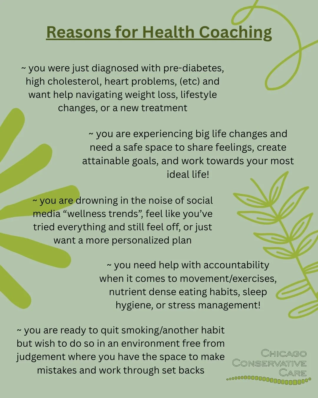 Curious why you would need health coaching? Here are some simple examples!

Listen, we know this is one more thing to add to your plate - but what if this one thing takes away all the other things? Or at least helps make the plate more manageable! Ta
