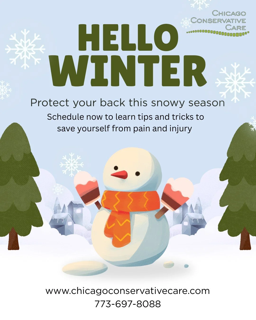 You heard the snowman! Don't wait to set yourself up for success this winter!

#chicagoconservativecare #chicagochiropractor #chiropracticadjustment #physicaltherapy #mckenziemethod #massagetherapy #snowyseason #tipsandtricks #protectyourback #smallb