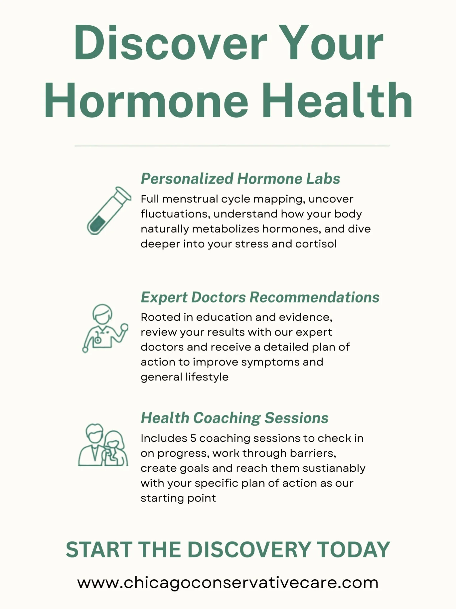 3 simple steps, 1-on-1 guidance, understand and transform your hormone health today! 

#chicagoconservativecare #hormonediscoveryprogram #hormonehealth #functionalhealthcare #dutchlabs