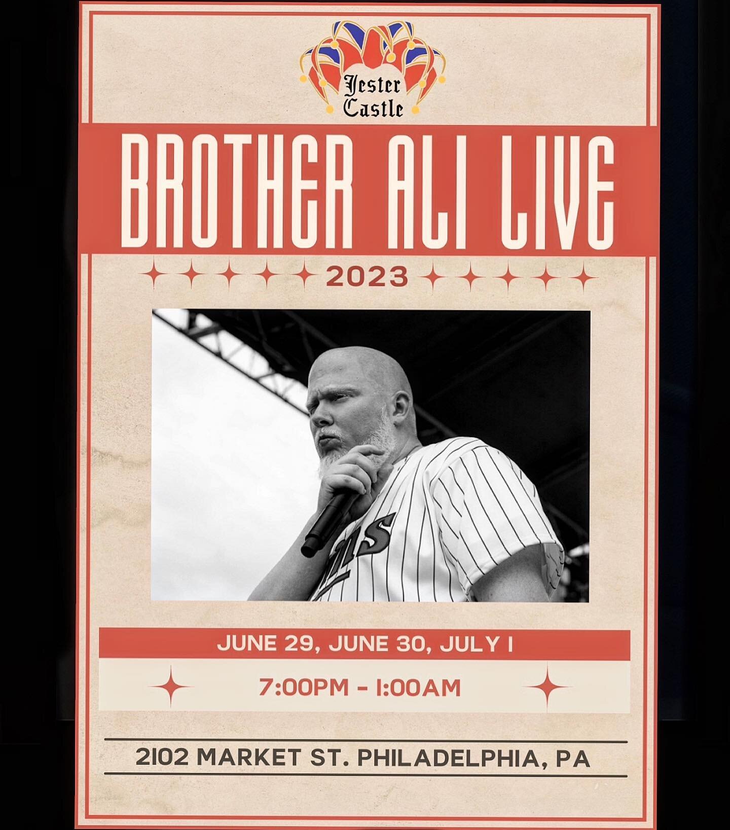 TICKETS. NOW. AVAILABLE. 📣 

Get ready for the hottest event of the summer! Brother Ali is hitting the stage at Jester Castle for three consecutive nights, bringing his electrifying bars and beats to the heart of the city. 
 
ACT NOW. This is a smal