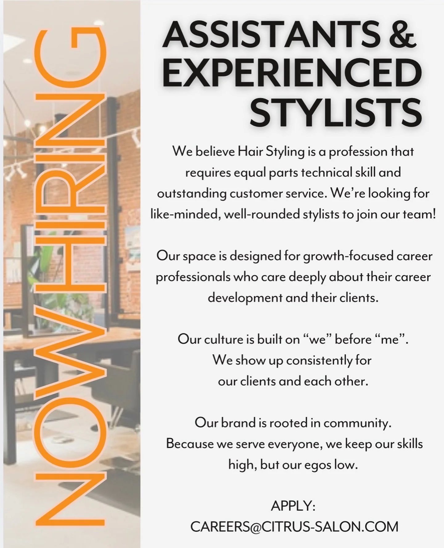 Our Martinez location is now hiring ASSISTANTS and experienced stylists! 

🍊 Newly licensed cosmetologists looking for a place to grow, send us your resumes! 

🍊 Experienced stylists ready to take the careers to the next level, now is the time!