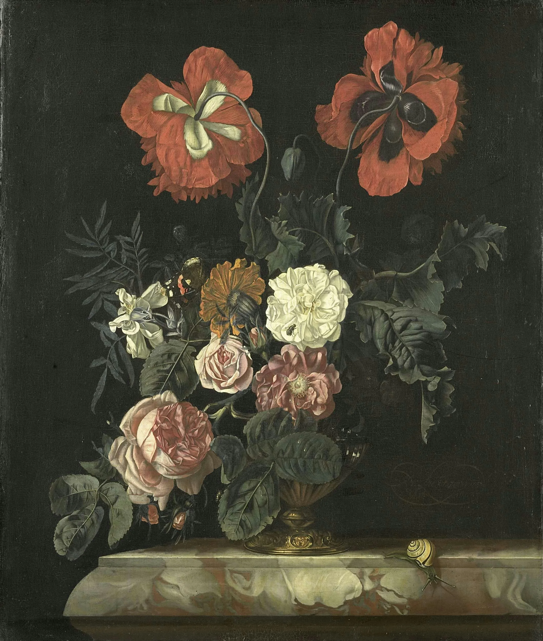 A still-life painting of a bouquet of flowers in a golden vase, including red and white roses, peonies, and daffodils, with butterflies and bees on the flowers, set on a marble surface against a dark background.