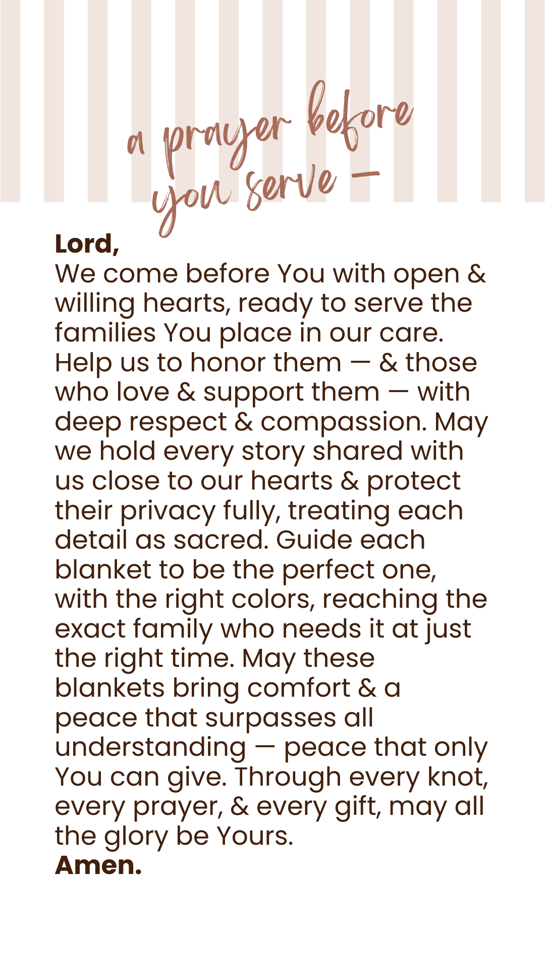 Text titled 'a prayer before you serve' with a prayer to God for serving families, sharing stories, and providing comfort and peace.