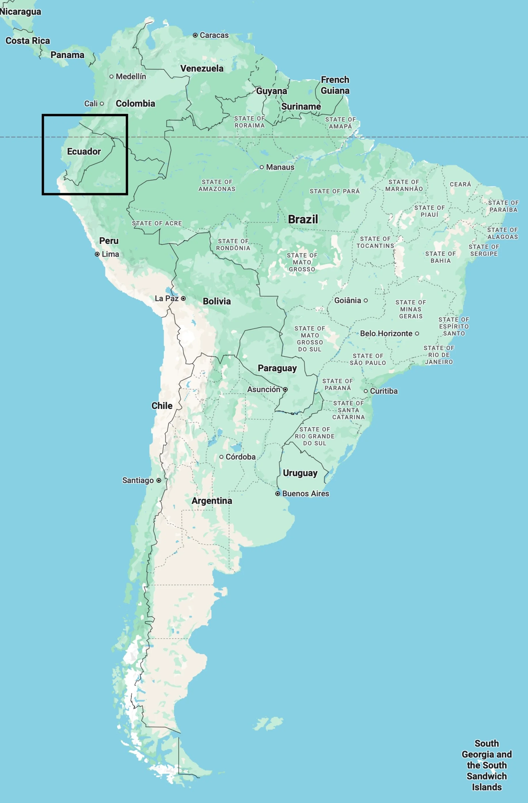 South America, showing Ecuador