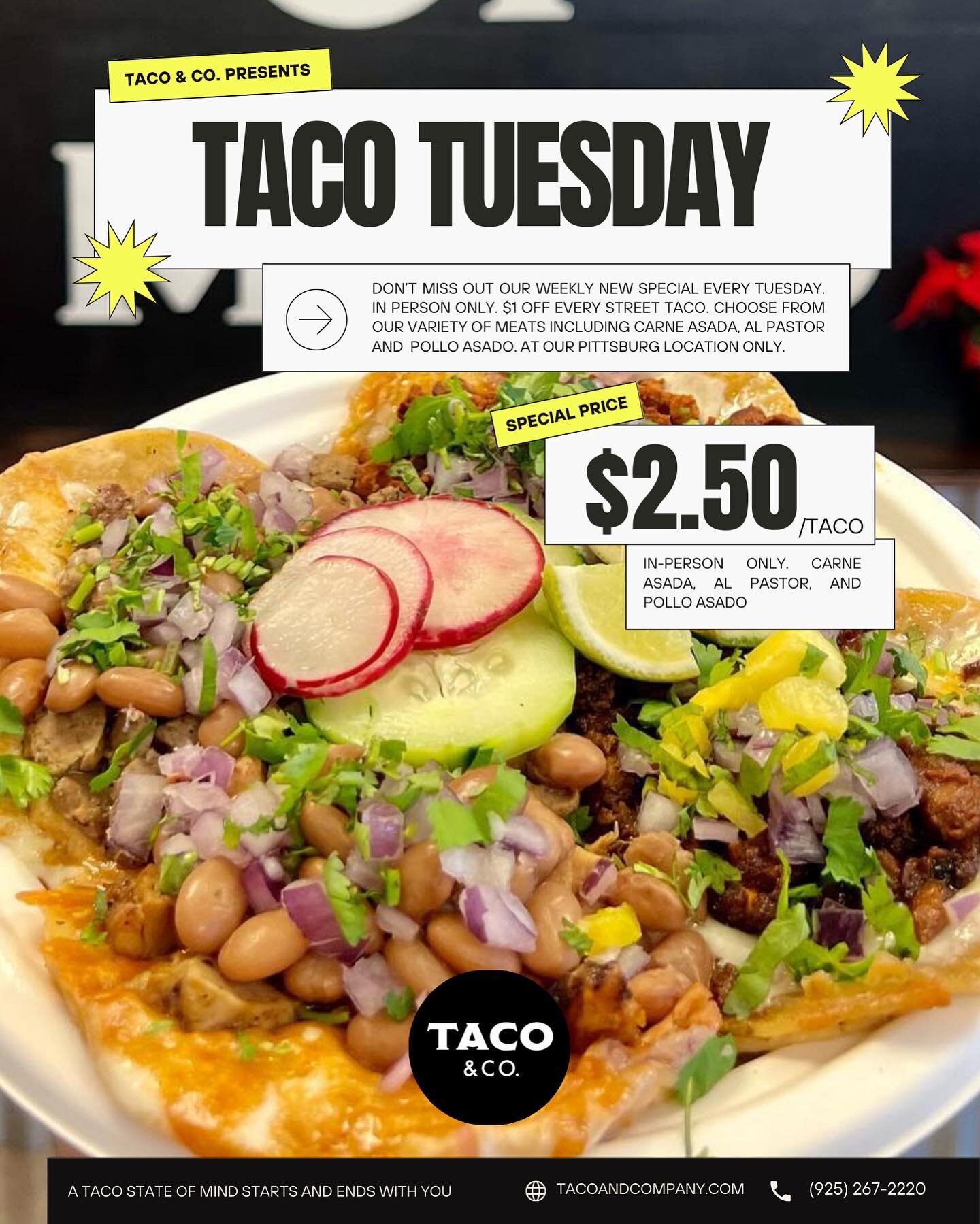 💥 TACO &amp; CO. TUESDAY IS HERE 💥

Taco Tuesdays just got better! Don&rsquo;t miss this weekly special every Tuesday. $1 off every street taco. Where tradition and quality meet. 🌮

*In-Person Only*

#TacoAndCompany #TacoStateOfMind #TacoTuesday #