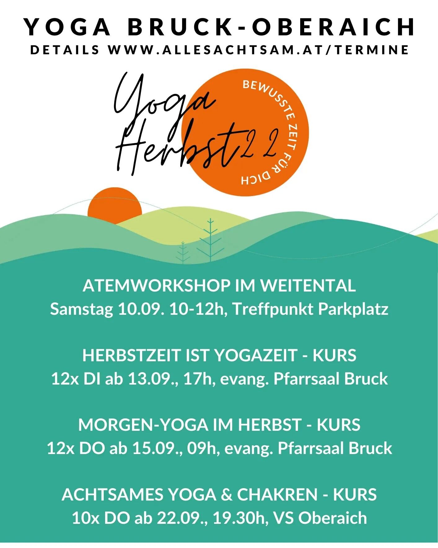 Die neuen Termine sind da 🧡💚💛 
Weiter geht's im Yoga-Herbst 2022 mit neuen Kursen :) genaue Daten dazu unter www.allesachtsam.at/termine

🧘&zwj;♀️ 10.09. Atemworkshop im Weitental Bruck an der Mur ab 10h (verlegt vom Tieberteich)

🧘&zwj;♀️ab 13.