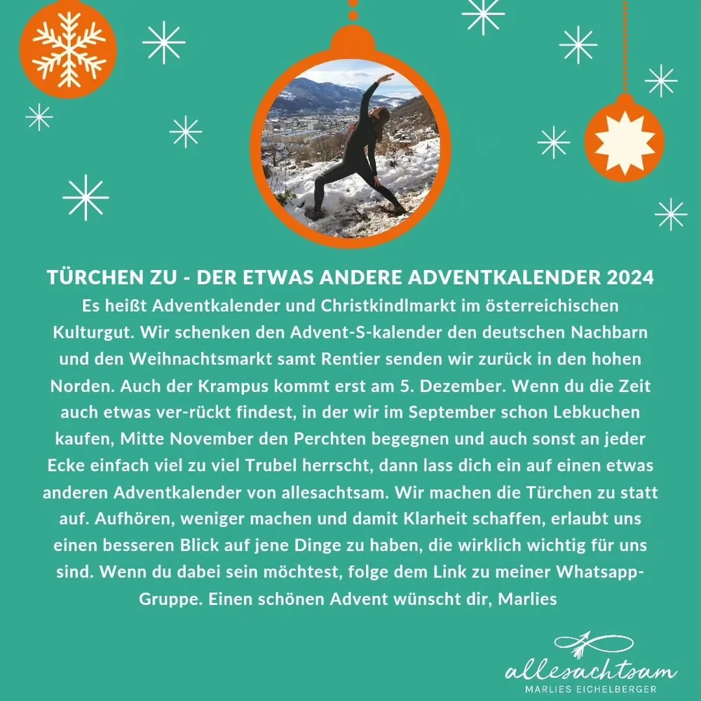 Adventkalender mal anders?
Wenn du Interesse hast, sende mir deinen Kontakt und sei dabei bei der allesachtsam WhatsApp Gruppe

#allesachtsam #adventkalender #advent #wenigeristmehr #folgederfreude❤️