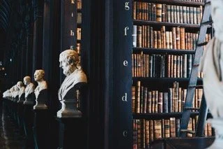 Bookshelves filled with books and marble bust sculptures displayed on a shelf.