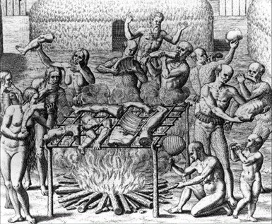 A black and white illustration of a kitchen scene where multiple skeletons are preparing and cooking food over an open fire, with some skeletons holding food and utensils.