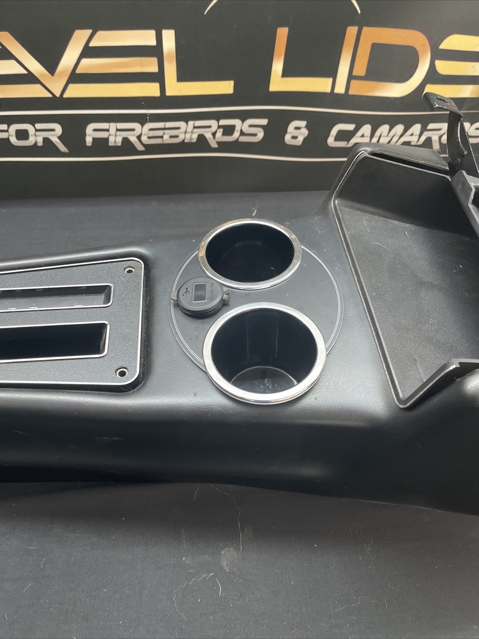 thumbnail image 2 of Console Drink Bezel With USB & Phone Cup For 1971-1981 Pontiac Firebird & Chevy Camaro (Silver, Adjustable) 2 of 4