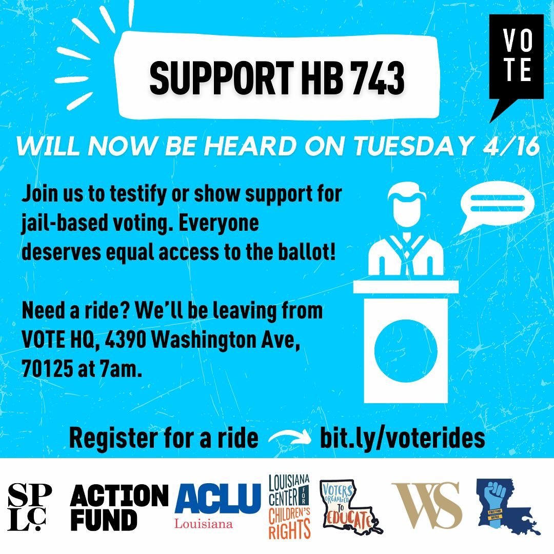 RESCHEDULED: Now being heard Tuesday, April 16th! The HGA Committee will once again hear HB 743, a priority bill to ensure equal access to the absentee ballot for people currently incarcerated in jail. Help support by sending a one-click email to the