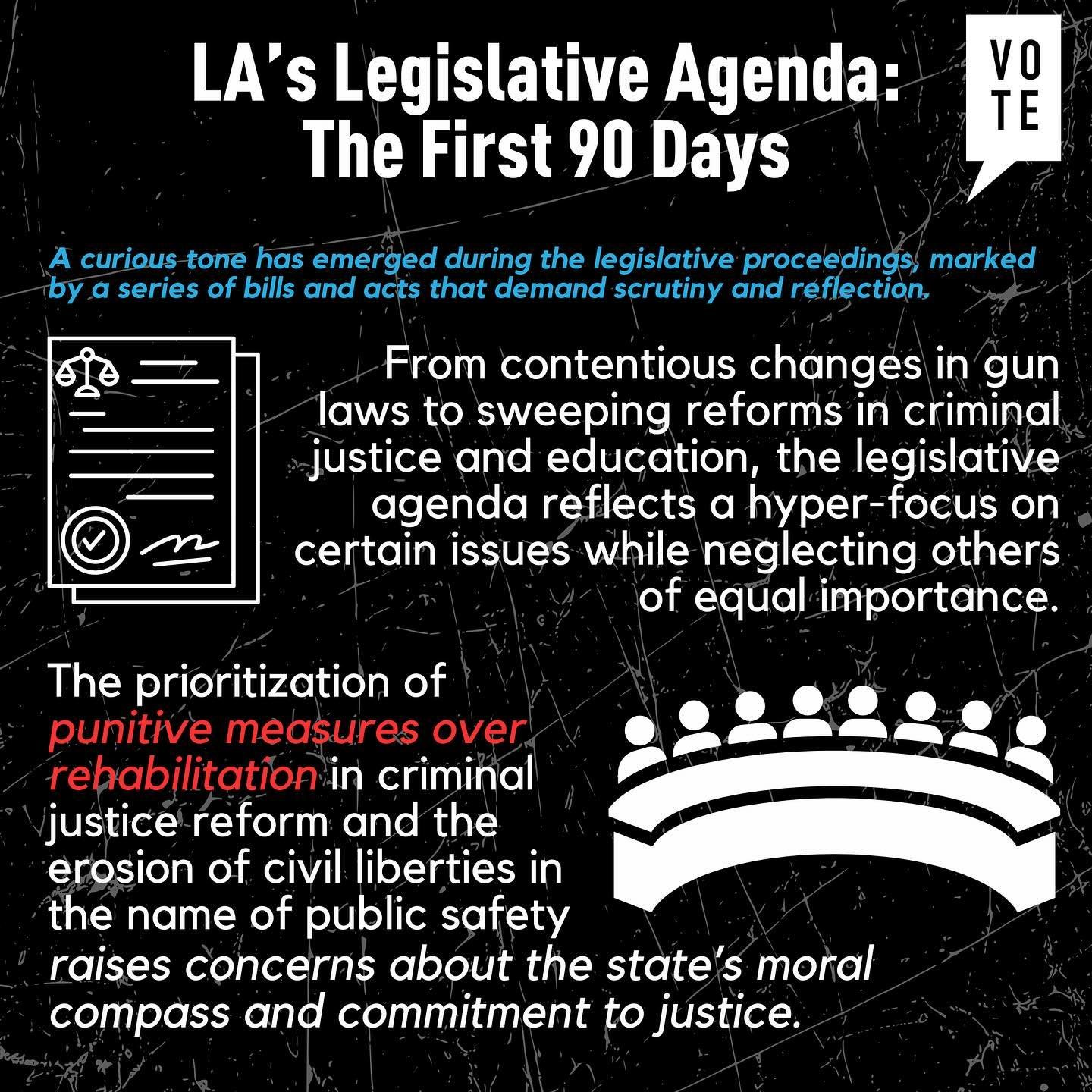 The first 90 days of Louisiana&rsquo;s legislative sessions have been marked by a series of bills and acts that demand scrutiny and reflection. The message is clear: punishment is in, rehabilitation is out. But this theme carries beyond criminal just