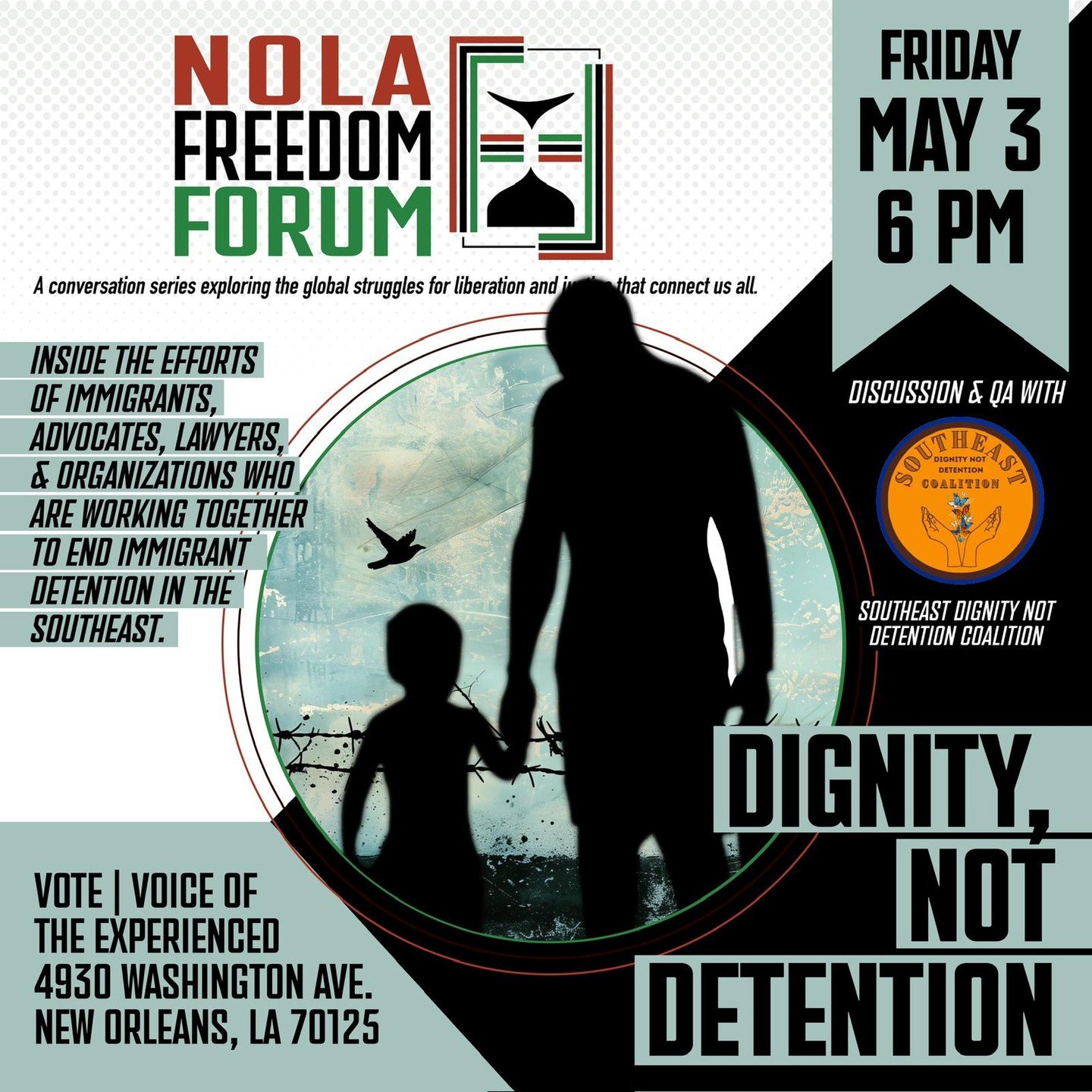 This Friday, join @nolafreedomforum for a conversation about immigration detention in the Southeast US and Louisiana--and efforts to end it-- with the Southeast Dignity Not Detention Coalition. 

Learn about the history and current state of the immig