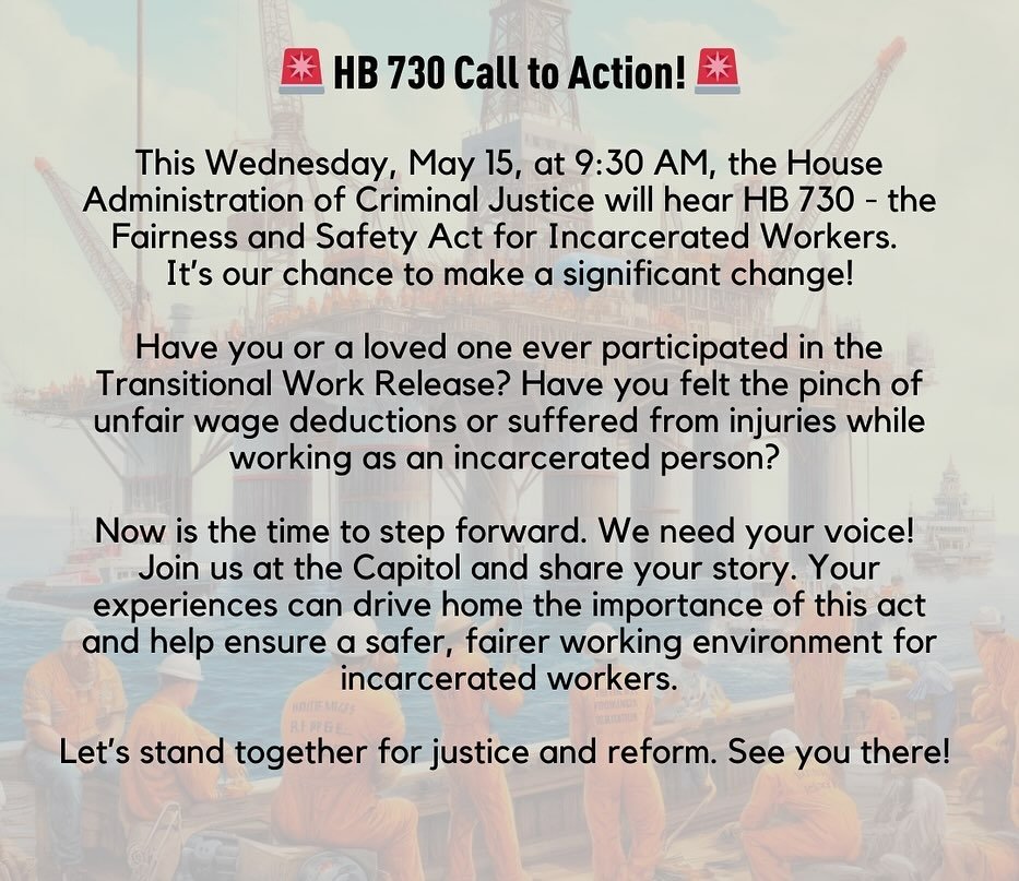 This Wednesday, HB 730 &ldquo;The Fairness and Safety Act for Louisiana Incarcerated Workers,&rdquo; heads to the ACJ Committee. 

Sponsored by Rep. Shaun Mena, this bill proposes vital reforms to enhance conditions for incarcerated workers. It aims 