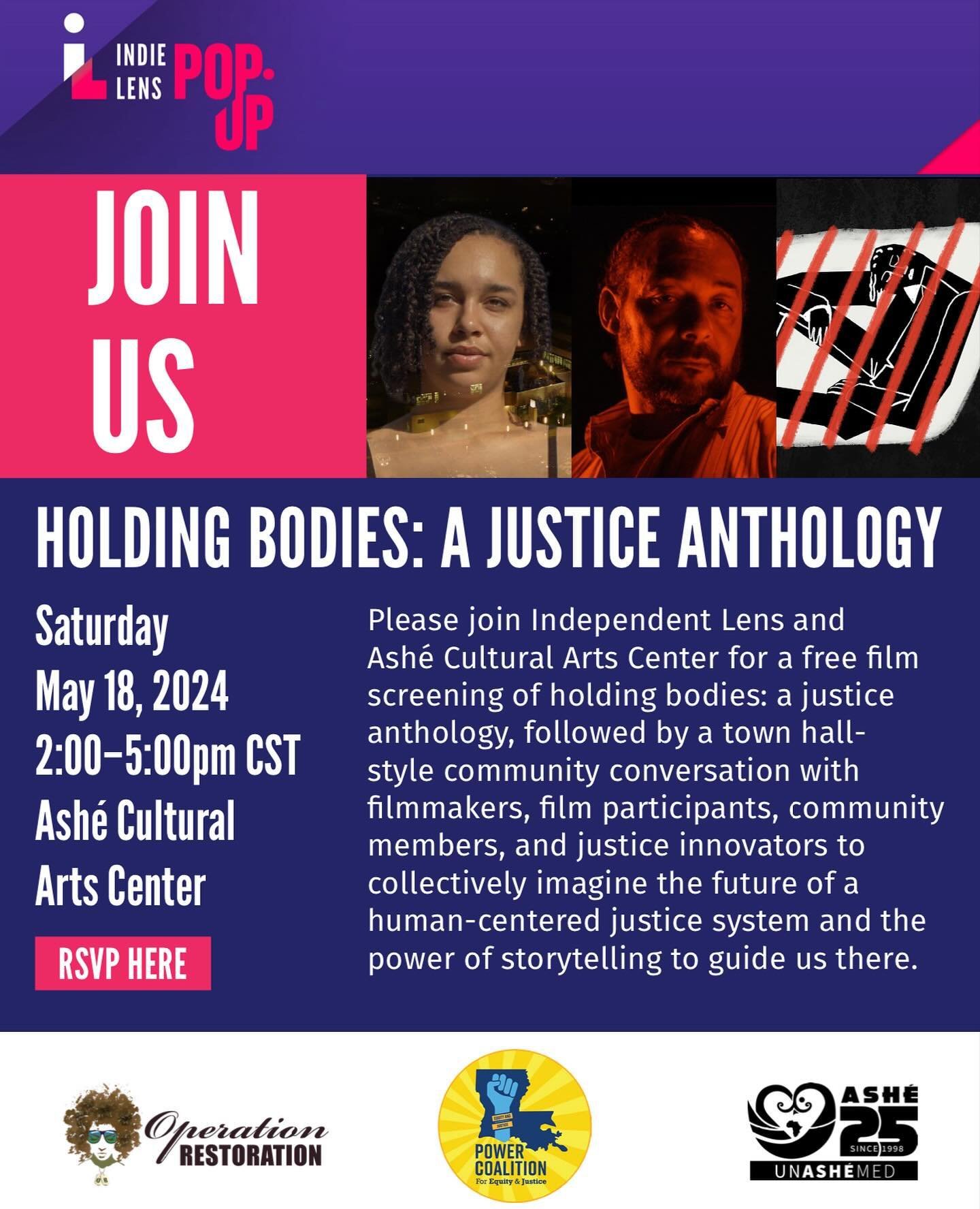 What does justice look like in the state of Louisiana? Please join us at @ashe_cac in New Orleans for a free community Town Hall on May 18, 2-5pm to watch the @independentlens documentary anthology holding bodies.

The short film &ldquo;After Angola&