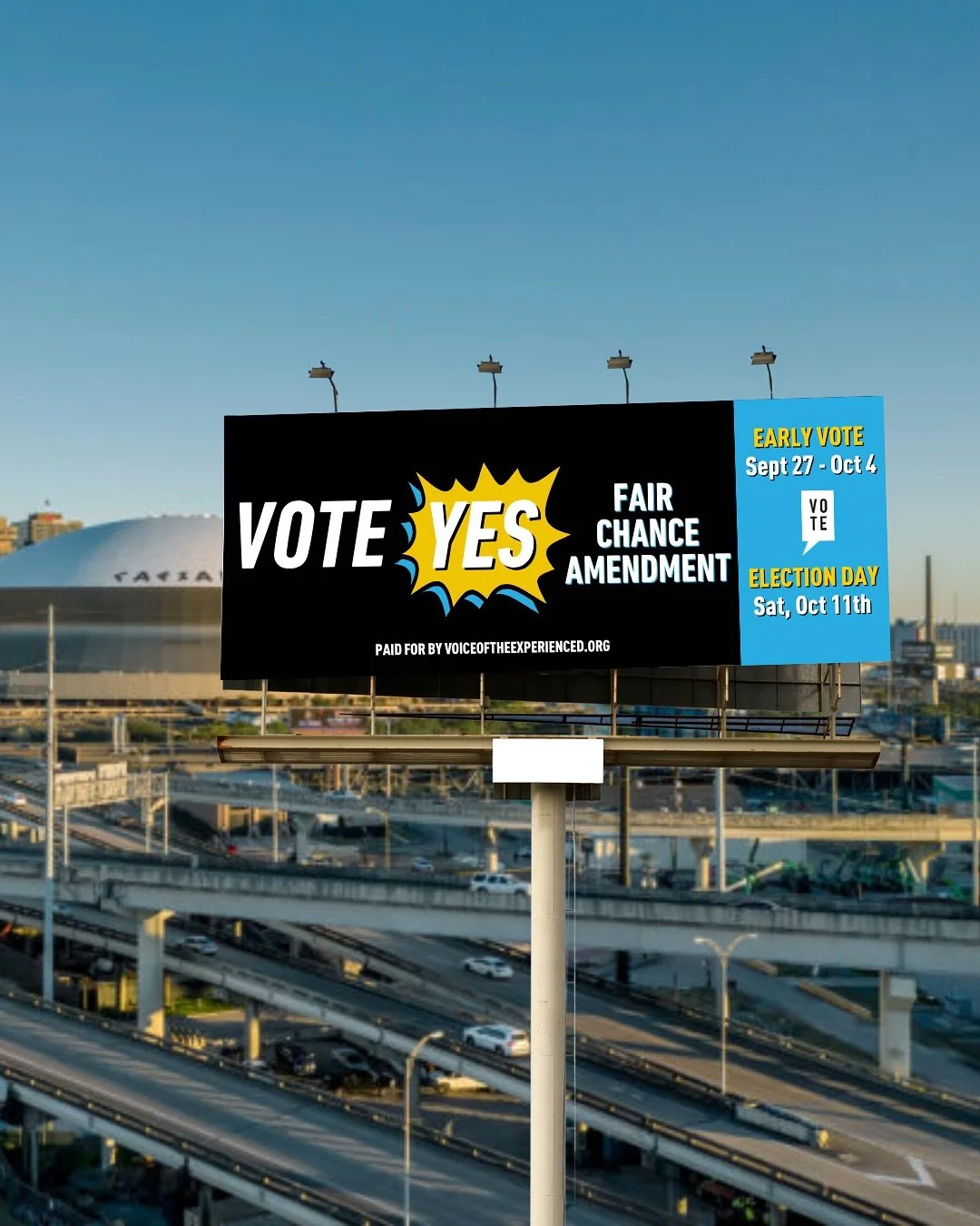 🚨 Look up, New Orleans! 🚨
Our billboards are live across the city, reminding everyone what&rsquo;s at stake this election.
&nbsp;
On Saturday, October 11th, we have the chance to make history by voting YES on the Fair Chance Amendment &mdash; becau