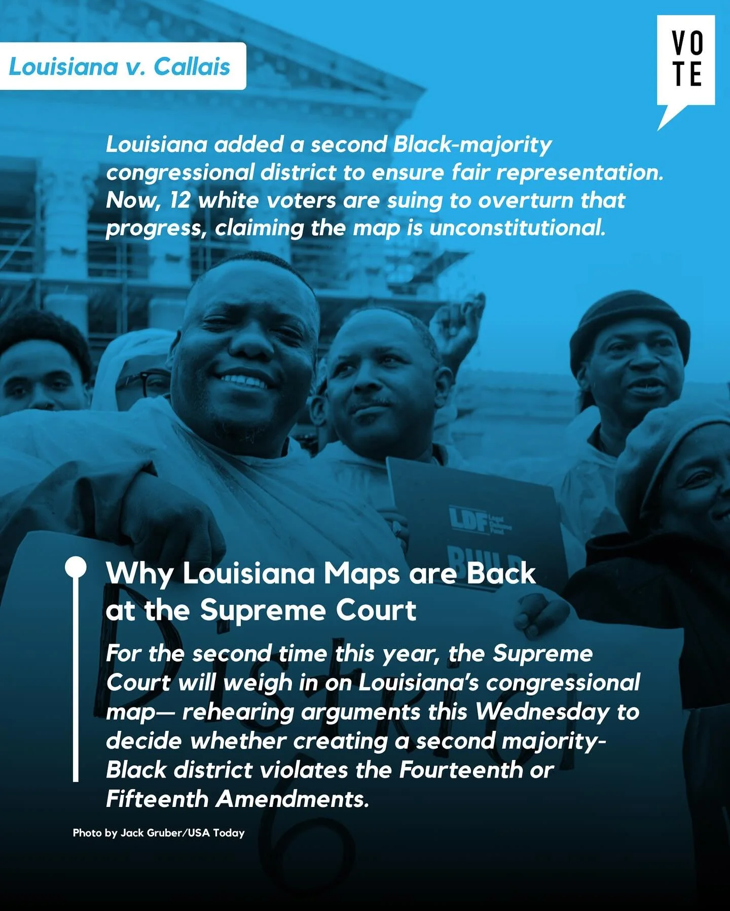 The Supreme Court is revisiting Louisiana&rsquo;s congressional map tomorrow, and the ruling could&nbsp;reshape the future of the Voting Rights Act.

A small group of&nbsp;12 white voters is challenging the state&rsquo;s map, claiming it discriminate