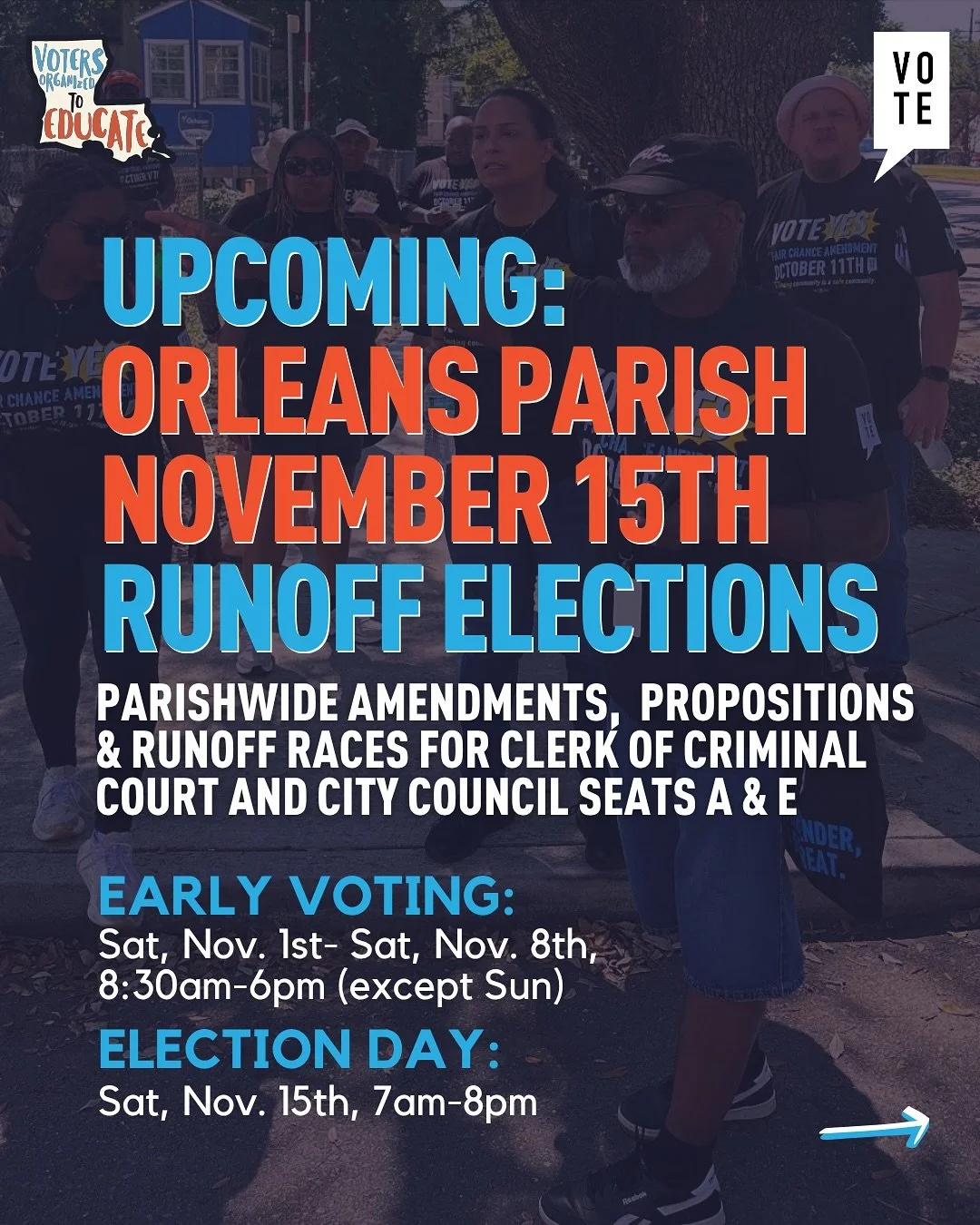 🗳️ Orleans Parish &mdash; it&rsquo;s not over yet! The runoff election is Saturday, November 15th with early voting starting November 1st.
&nbsp;
That&rsquo;s right, next up we have the Open General/ Orleans Municipal Parochial General&nbsp;Election