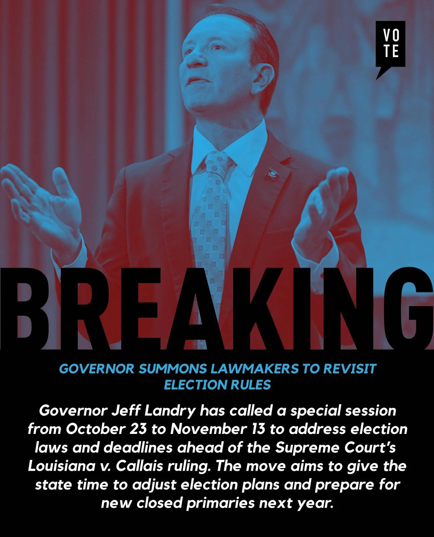 Governor Jeff Landry just called a special legislative session starting Oct. 23 through Nov. 13, all about elections.

Lawmakers will tackle changes to election laws, timelines, and funding for the 2026 cycle. The main push? Moving candidate qualifyi